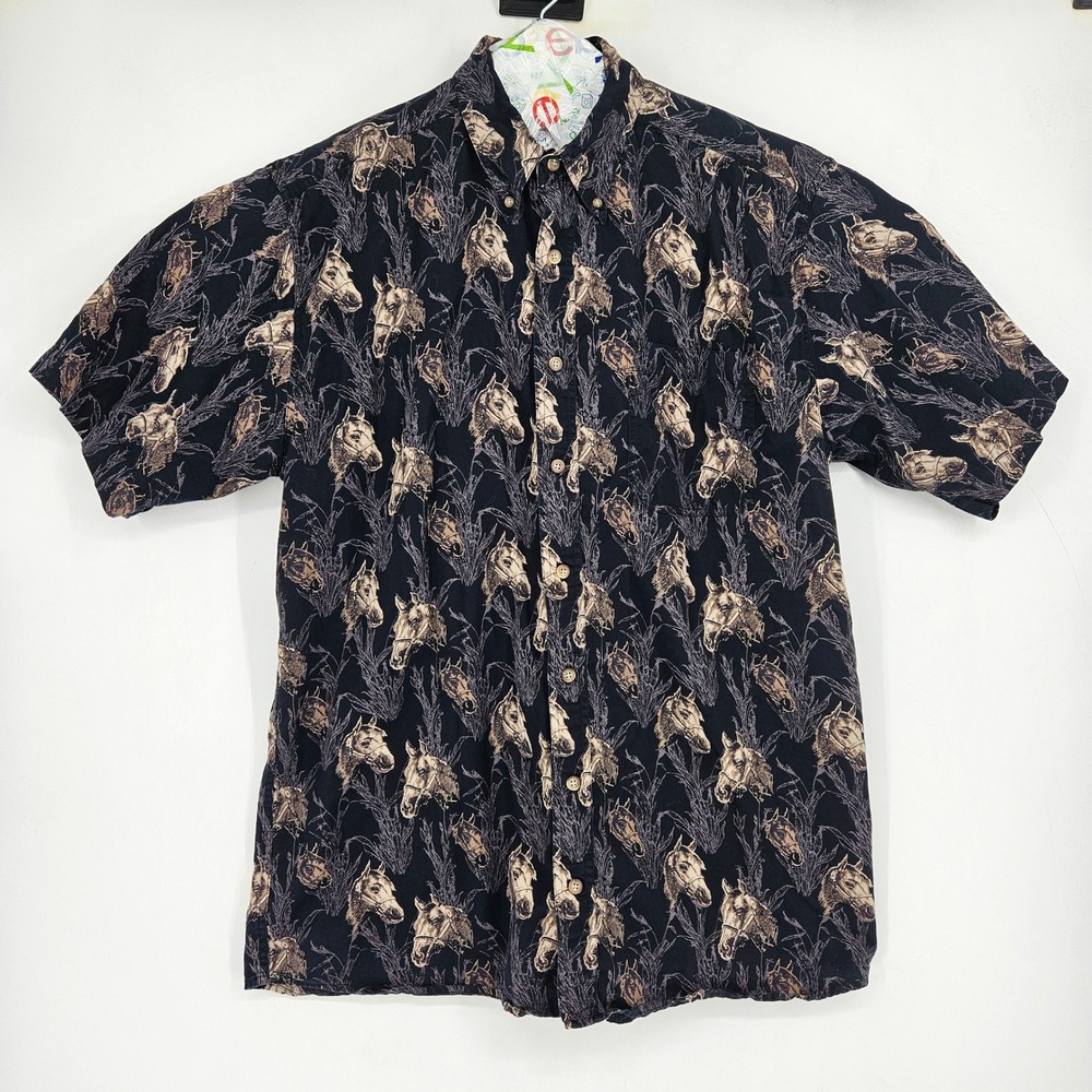 Bit & Bridle Shirt Mens XLT Black Western Horses‎ All Over Button Short Sleeve